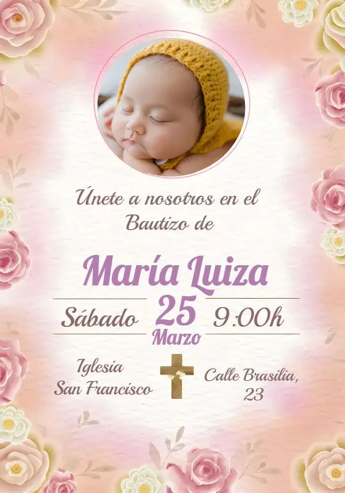 Invitación Bautizo Rosa Floral Con Foto Delicado – tema Bautismo floral, delicado, rosa, elegante, infantil, moderno