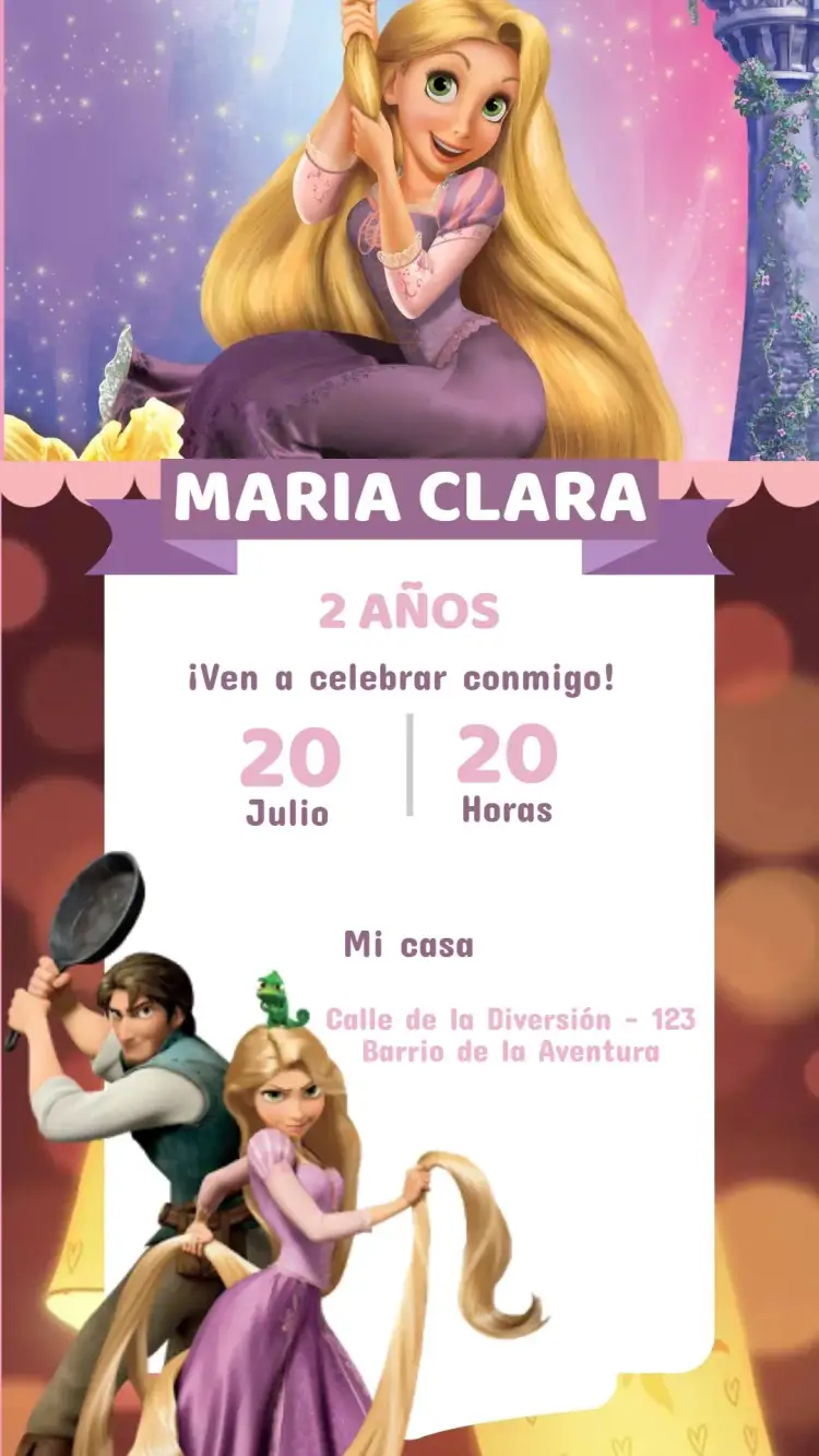 Invitación Invitación Digital Enredados Infantil Editable y Personalizada – tema Cumpleaños Infantil colores vibrantes, estilo de cuento de hadas, elementos gráficos de princesas, diseño infantil, estilo divertido, inspirado en cuentos de hadas