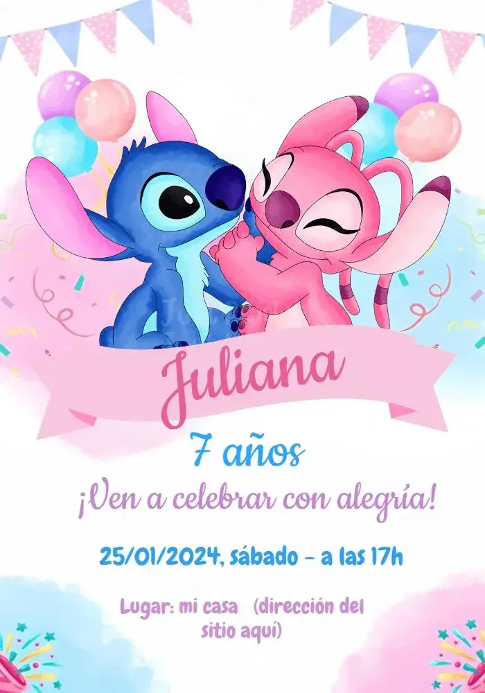 Invitación Stitch Y Angel Rosa