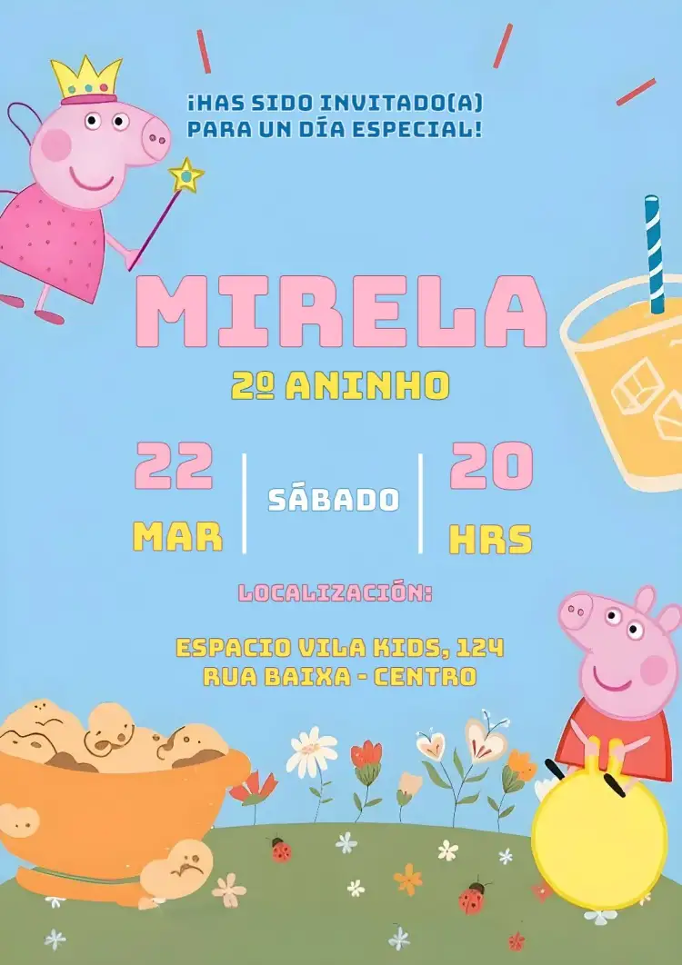 Invitación Peppa Pig – tema Cumpleaños Infantil colorido, divertido, infantil, temático, animado