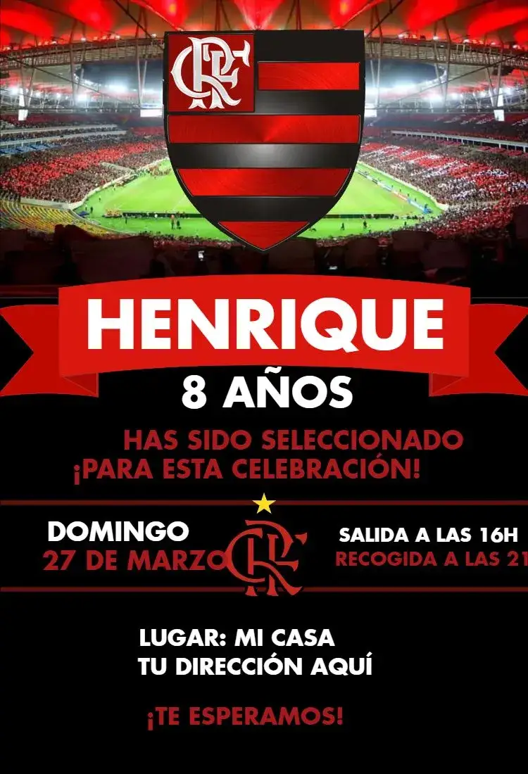 Invitación Flamengo 1 – tema Cumpleaños rojo y negro, fútbol, juvenil, divertido, temático, dinámico