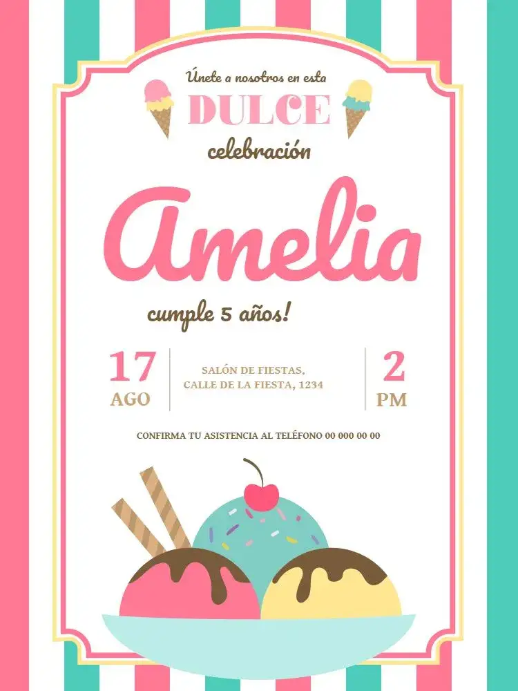 Invitación Helado Infantil – tema Cumpleaños Infantil delicado, colorido, divertido, moderno, infantil, alegre