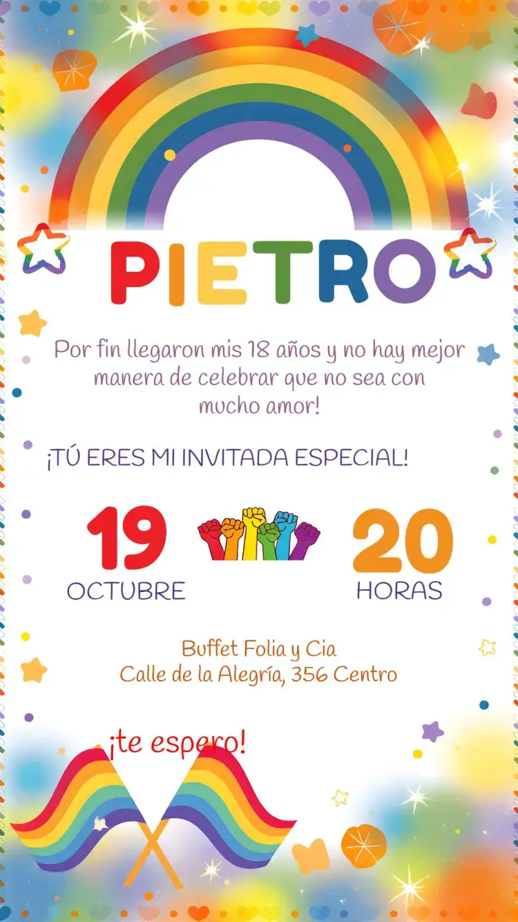 Invitación Covnite Pride Orgullo LGBT – tema Cumpleaños arcoíris, moderno, vibrante, divertido, colorido