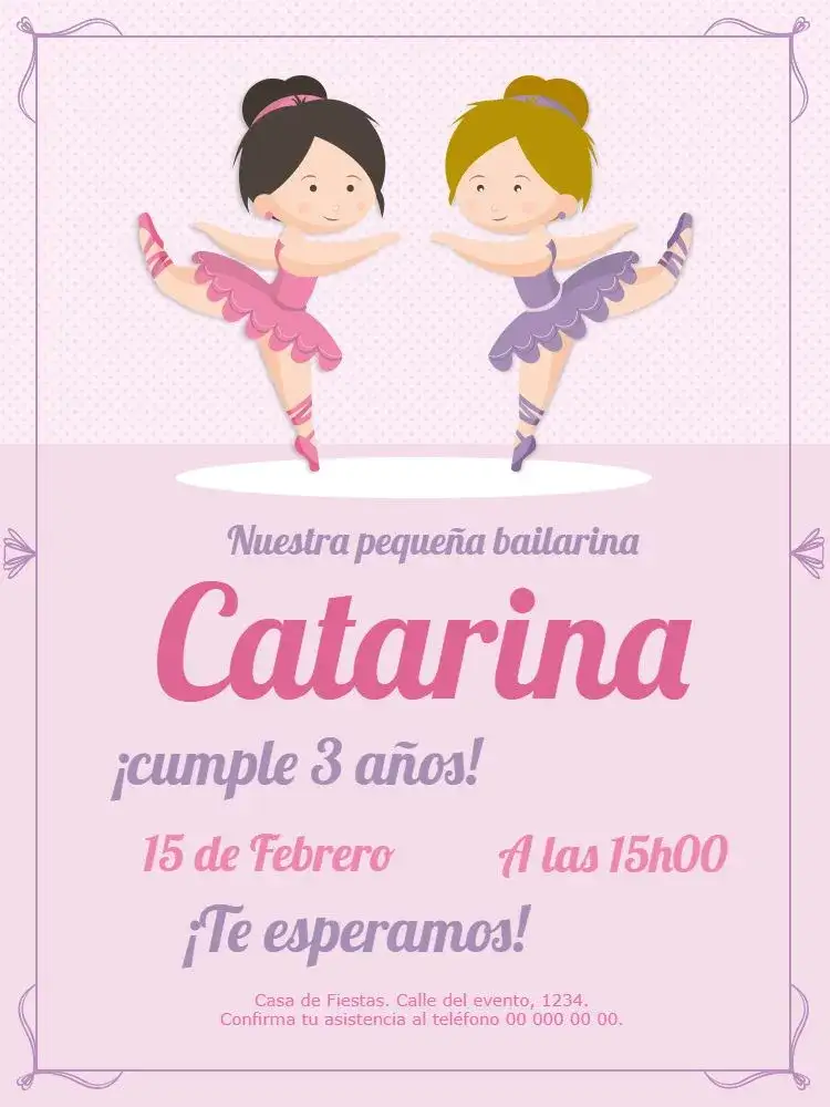 Invitación Bailarina Morado – tema Cumpleaños Infantil púrpura, rosado, arabesco, juguetón, divertido, delicado