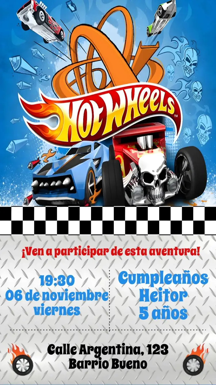 Invitación Hotweels – tema Cumpleaños moderno, colorido, temático, adrenalina, divertido, infantil