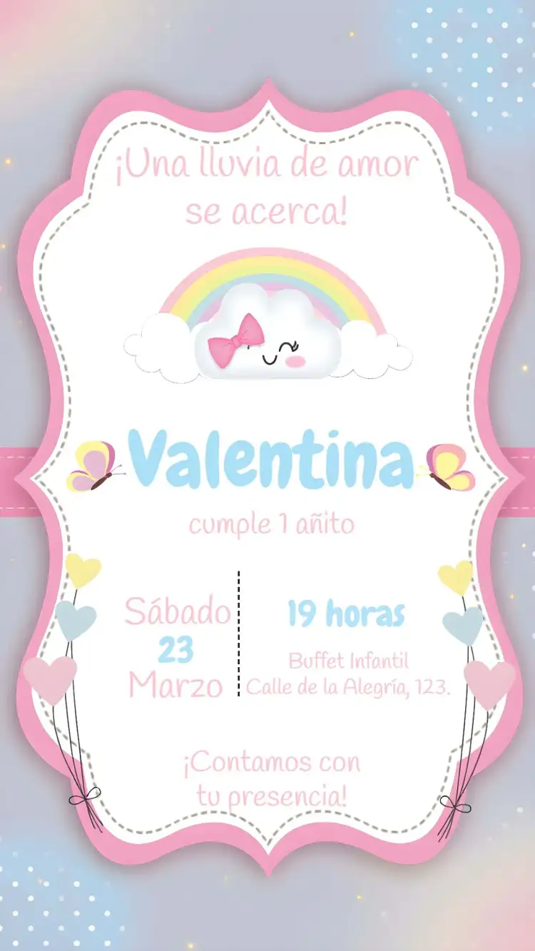 Invitación Lluvia De Amor Bendiciones – tema Más buscados nubes, corazones, rosa y azul, ilustraciones infantiles, diseño ligero, estilo alegre