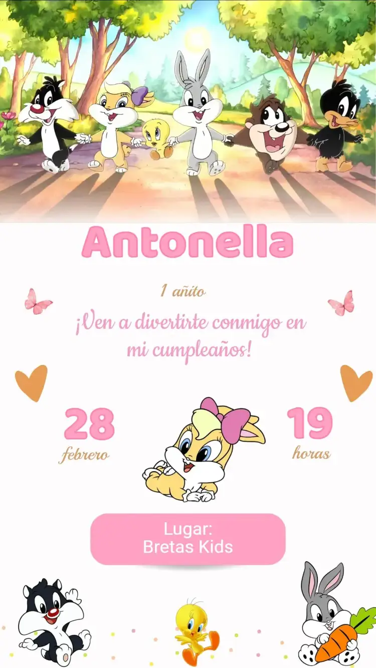 Invitación Invitación Cumpleaños Baby Looney Tunes – tema Cumpleaños Infantil colorido, divertido, lúdico, infantil, animado