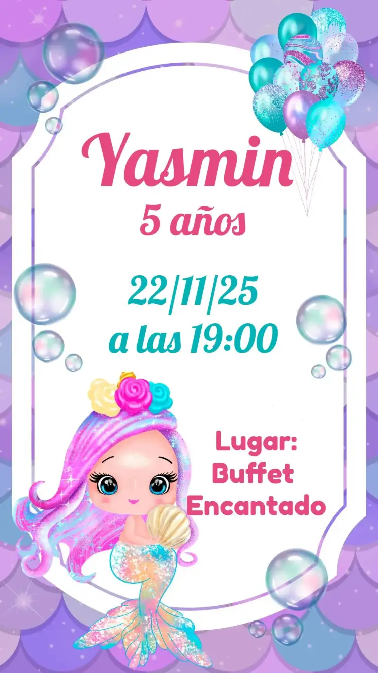 Invitación Sirena – tema Cumpleaños Infantil azul marino, vibrante, colorido, lúdico, fantástico, temático