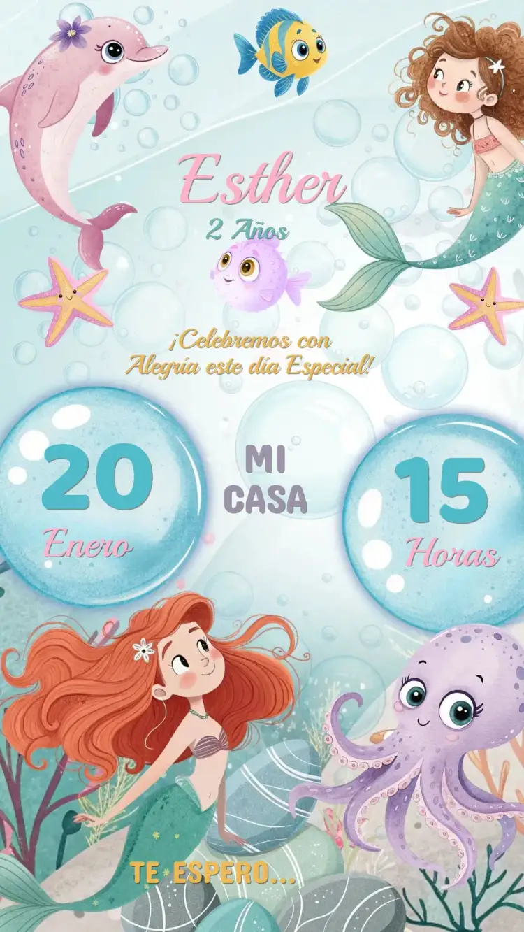 Invitación Invitación Cumpleaños Sirena Fondo del Mar – tema Cumpleaños Infantil fondo marino, sirenas, colores vibrantes, elementos marinos, estilo infantil, ilustraciones lúdicas