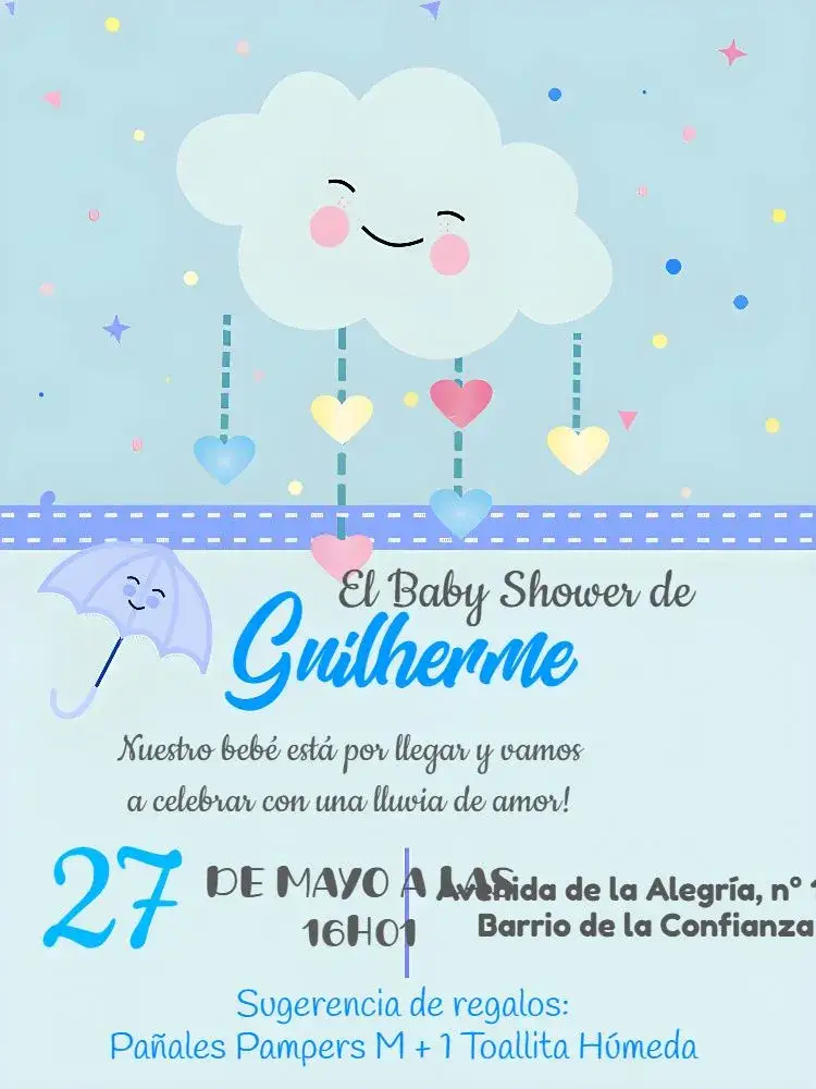 Invitación Baby Shower Rain of Love Striped – tema Baby Shower azul y gris, a rayas, lluvia de amor, moderno, delicado, suave