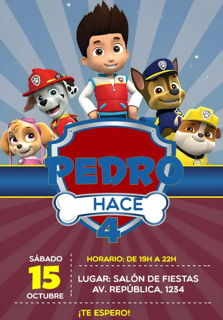 Invitación Patrulla Canina Patrol – tema Cumpleaños Infantil colorido, divertido, temático, infantil, jovial
