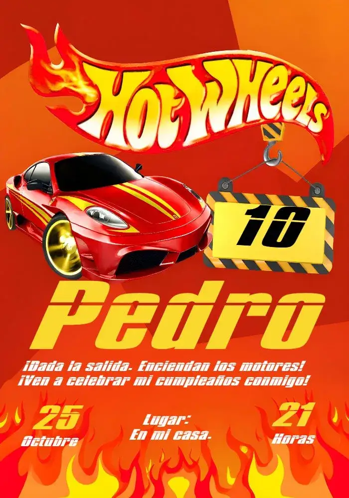 Invitación Hot Wheels Rojo – tema Más buscados rojo, negro, amarillo, moderno, temático, divertido