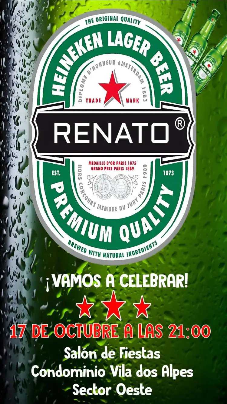 Invitación Heineken – tema Cumpleaños moderno, vibrante, desenfadado, colorido, temático, alegre