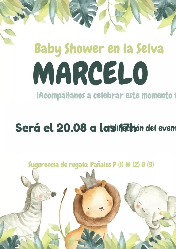 Invitación Baby Shower Safari Jungle Theme – tema Baby Shower selva, animales, verde, lúdico, tropical, colorido