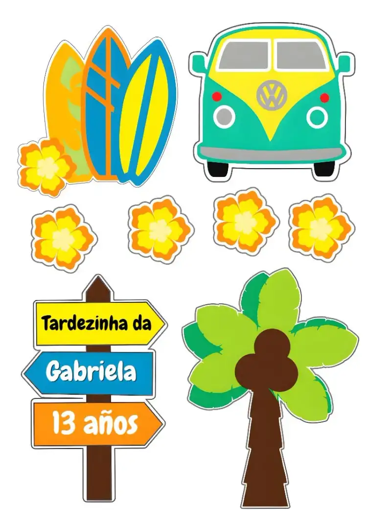 Invitación Topo De Pastel Tardezinha Havaí – tema Topper de torta tropical, colorido, divertido, playero, verano