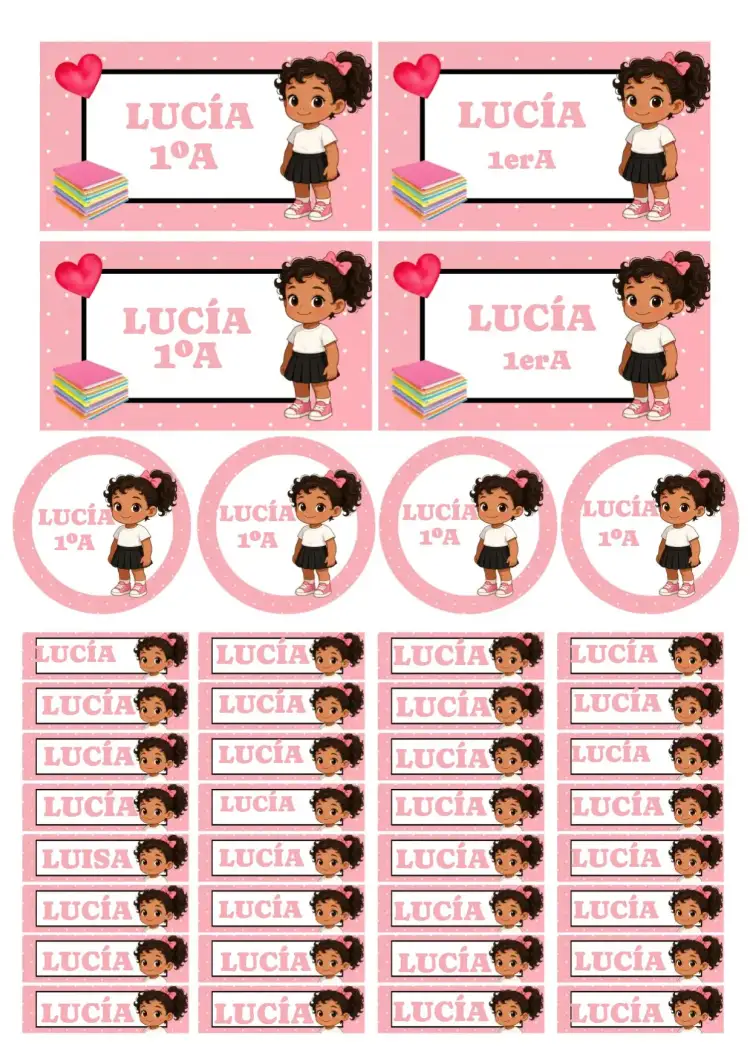 Invitación Etiqueta escolar niña alumna mascota – tema Más buscados colorido, lúdico, moderno, divertido, infantil