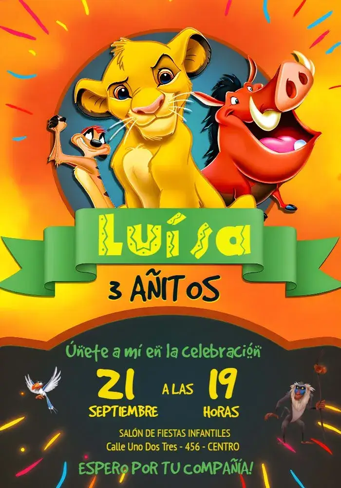 Invitación El Rey León Timón editable y personalizable