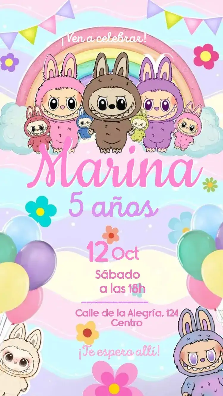 Invitación Labubu – tema Cumpleaños Infantil colorido, pastel, arcoíris, fofo, floral, divertido