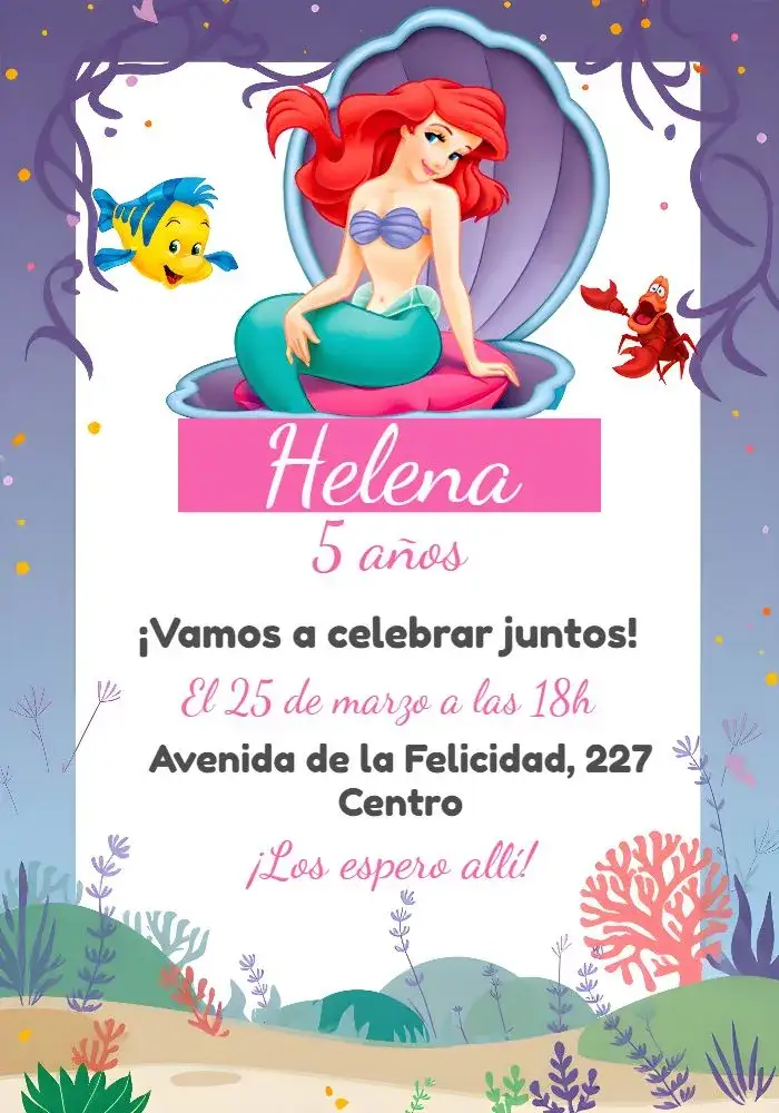 Invitación Pequeña Sirena Ariel Blanco – tema Cumpleaños Infantil colores rosa y blanco, estilo lúdico, elementos del fondo marino, diseño infantil, temática de sirenas, toque mágico