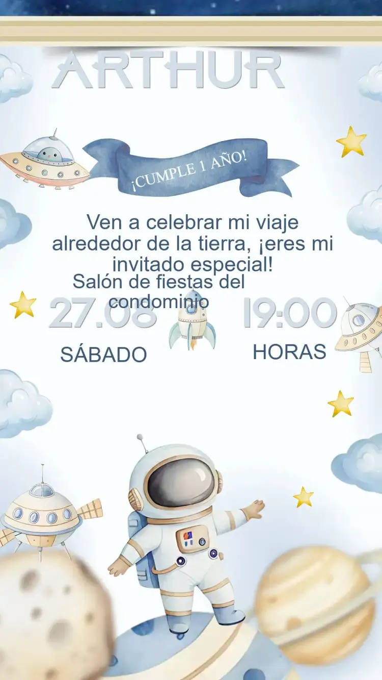 Invitación Invitación Cumpleaños Astronauta – tema Cumpleaños Infantil espacio, astronáutico, colorido, divertido, ilustraciones infantiles