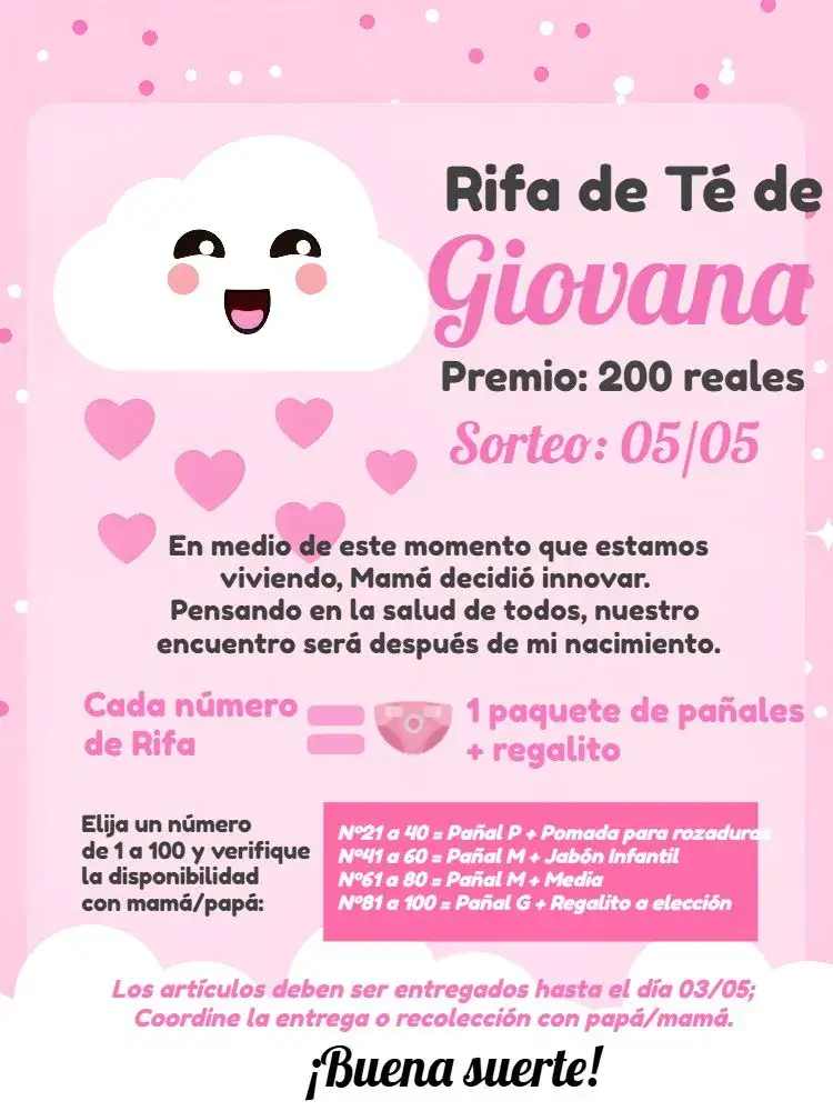 Invitación Té Rifa Lluvia De Amor Niña – tema Té Rifa rosa, gris, blanco, nubes, delicado, festivo