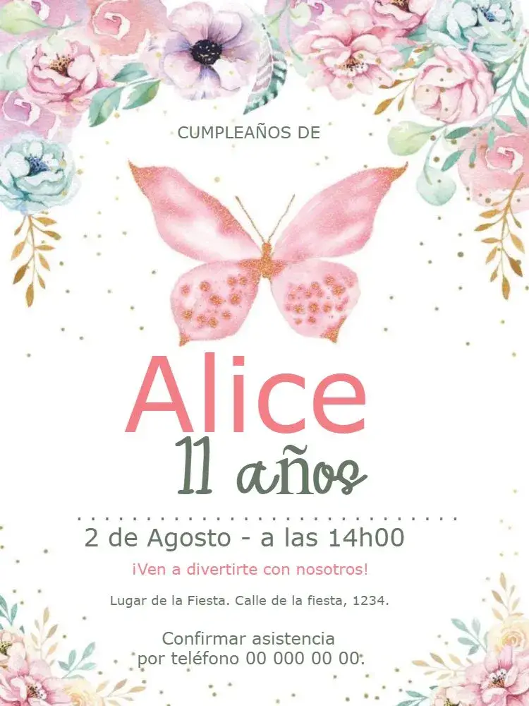Invitación Flores Variadas Mariposa Infantil