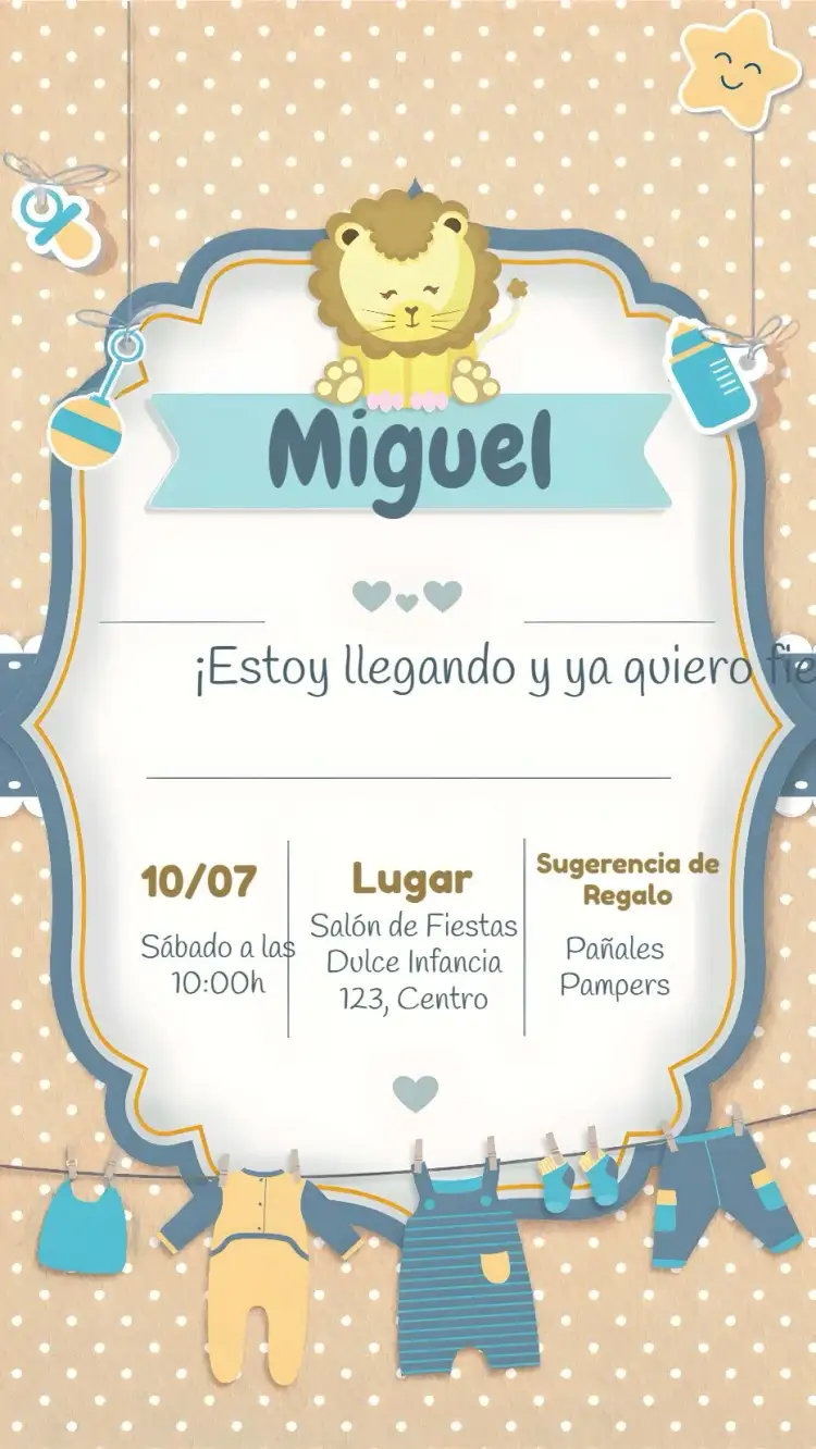 Invitación Baby Shower León Candy Niño – tema Baby Shower dulces, animales, azul, lúdico, colorido