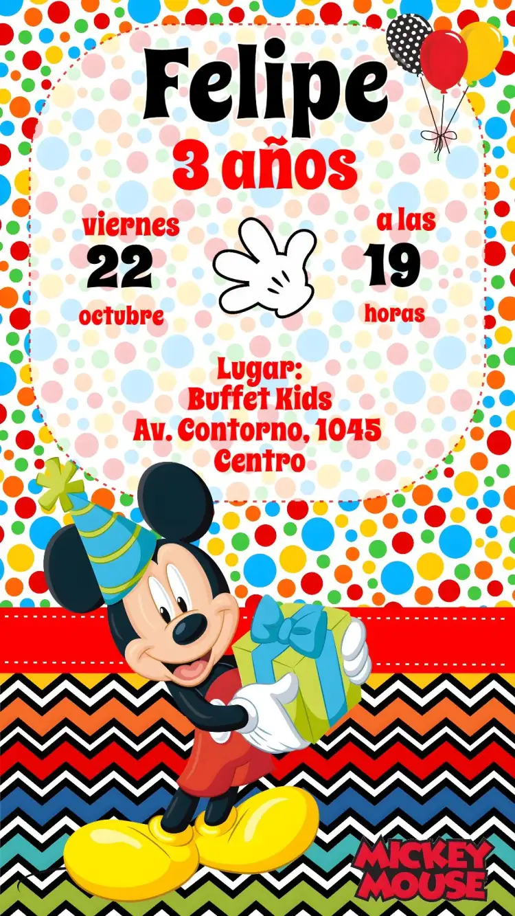 Invitación Mickey – tema Cumpleaños Infantil colorido, divertido, temático, infantil, mágico