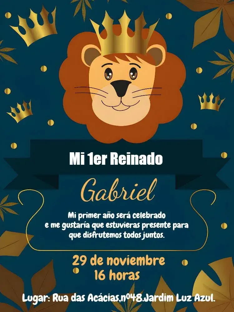 Invitación Mi Primer Reinado Año León – tema Fechas Conmemorativas azul petróleo, dorado, realeza, león, moderno