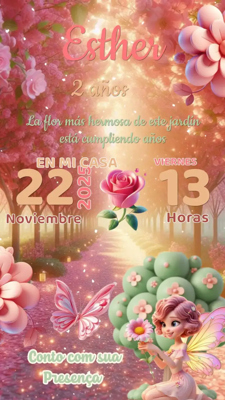 Invitación Invitación Cumpleaños Jardín Encantado – tema Cumpleaños Infantil floral, colorido, lúdico, mágico, vibrante, infantil