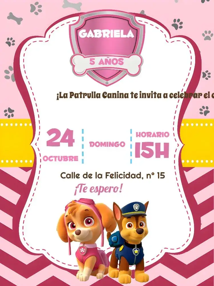 Invitación Patrulla Canina Blanco – tema Cumpleaños Infantil blanco, rosa, marrón, temático, divertido, infantil