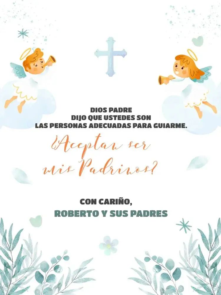 Invitación Para Padrinhos De Bautismo Floral Azul Verde – tema Baby Shower floral, a la acuarela, pastel, religioso, infantil, lúdico