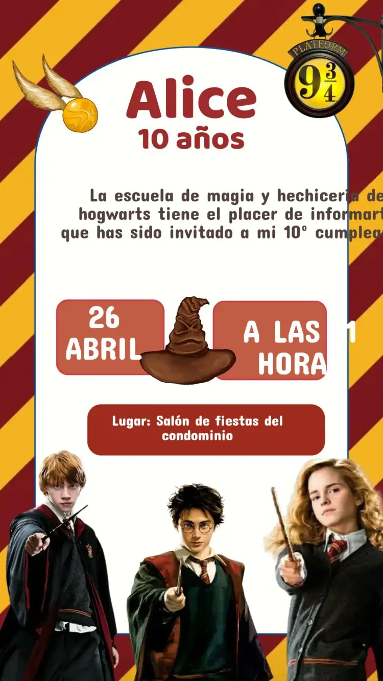 Invitación Invitación Cumpleaños Harry Potter Tradicional – tema Cumpleaños Infantil mágico, vibrante, fantasía, colorido, ilustraciones de brujos, universo de Harry Potter