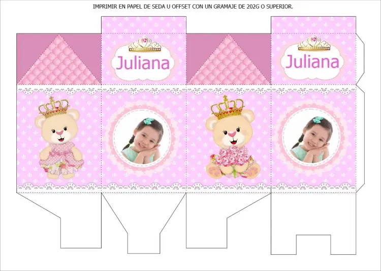 Invitación Plantilla Caja Milk Para Imprimir Osita Princesa Con Foto Lunares
