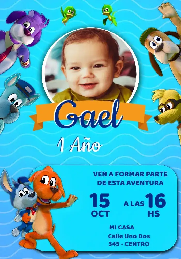 Invitación Va Cachorro Con Foto Verde – tema Más buscados colorido, divertido, moderno, animales, juvenil, fotográfico