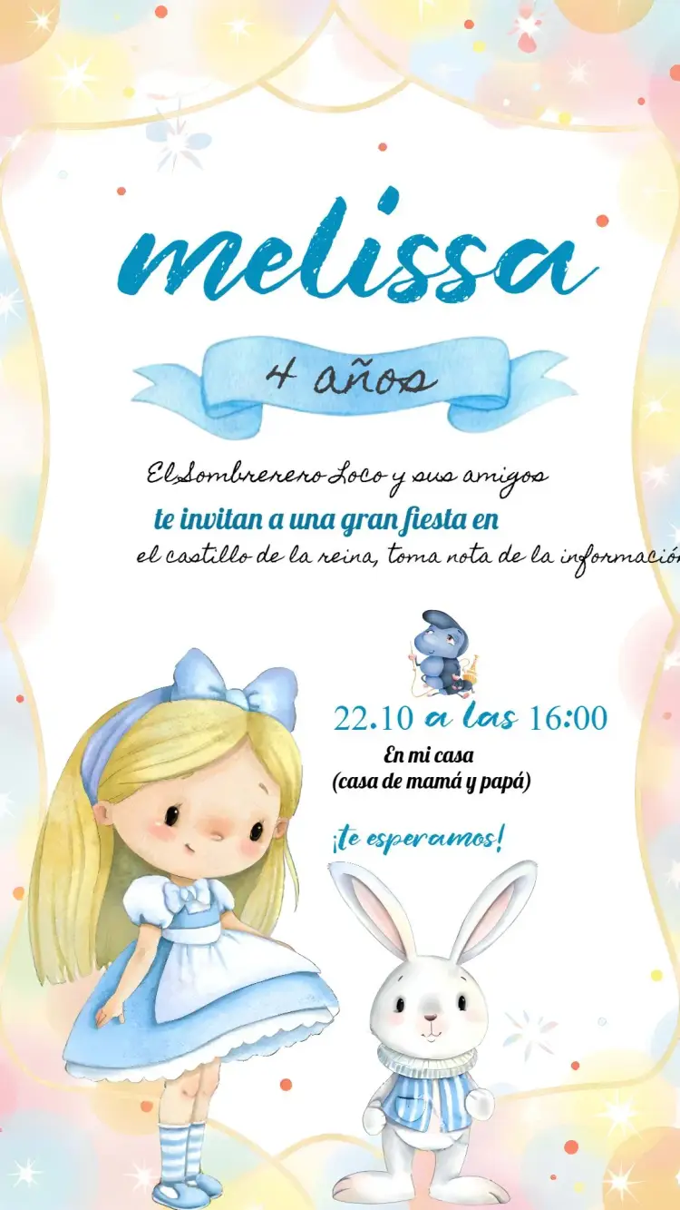 Invitación Alicia En El País De Las Maravillas Acuarela Infantil editable y personalizable