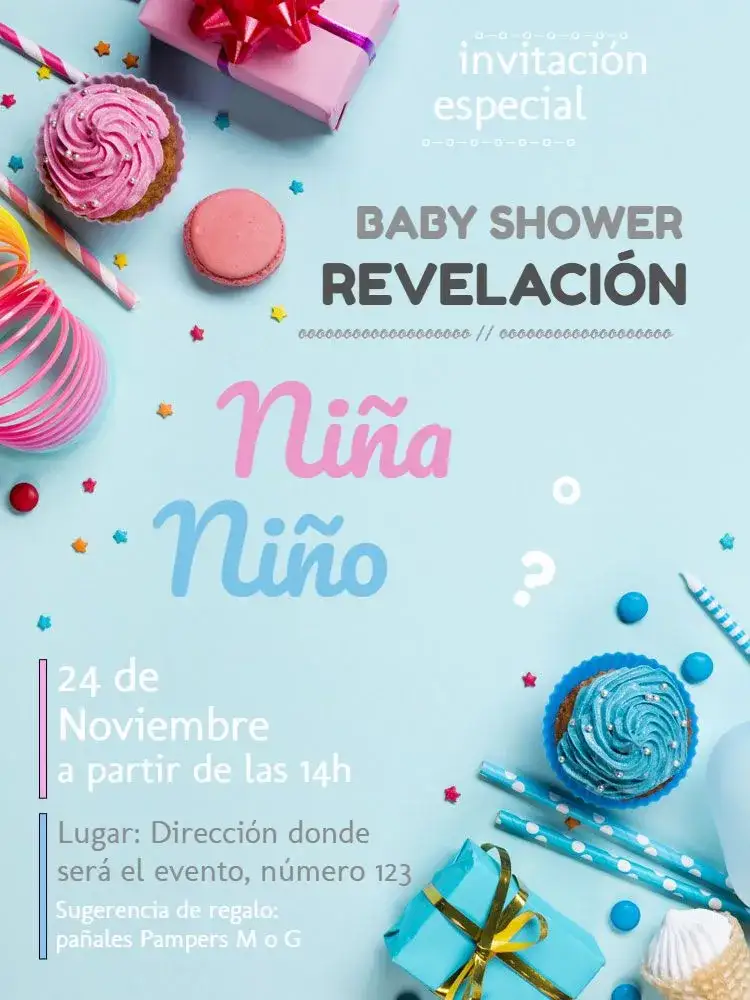 Invitación Baby Shower Revelación Celebración – tema Revelación Bebé lúdico, colorido, infantil, moderno, divertido