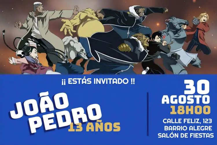 Invitación Anime Full Metal Alchemist – tema Cumpleaños Infantil anime, vibrante, divertido, ilustraciones, moderno, fantasía