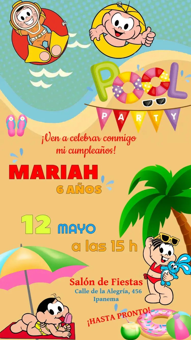 Invitación Covnite Fiesta en la Piscina de la Turma Mônica Colorido editable y personalizable