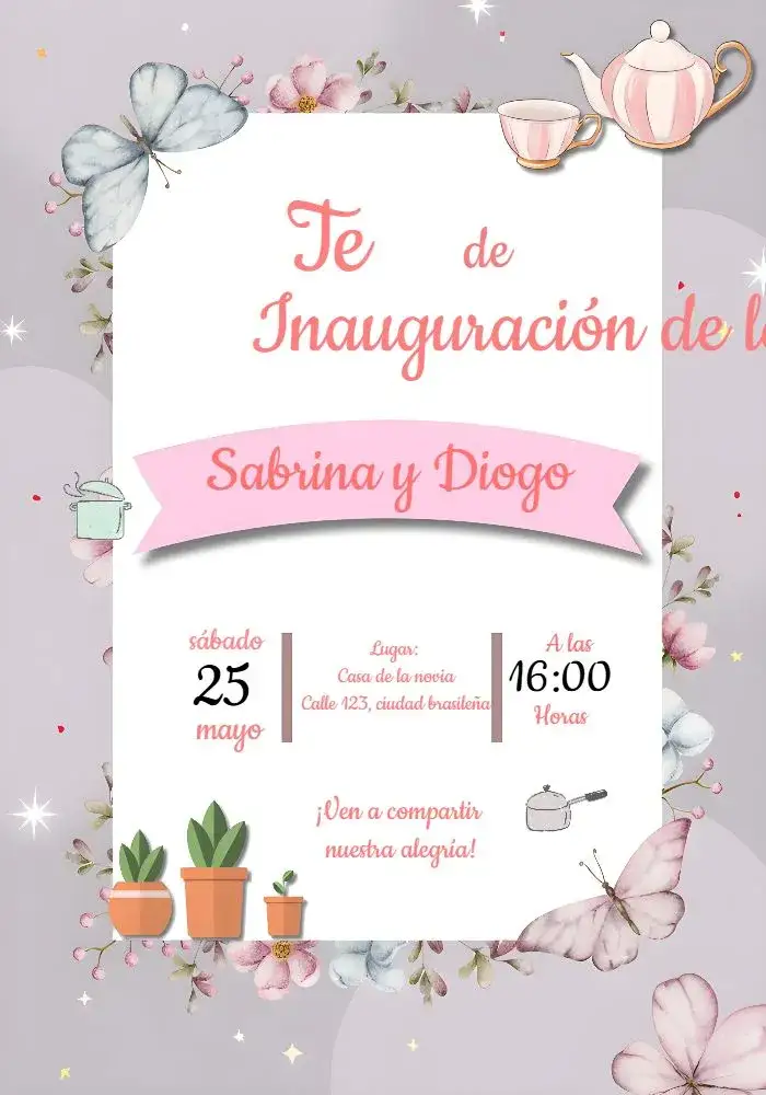 Invitación Té De Casa Nueva Olla – tema Despedida de Soltera delicado, romántico, floral, moderno, suave, elegante