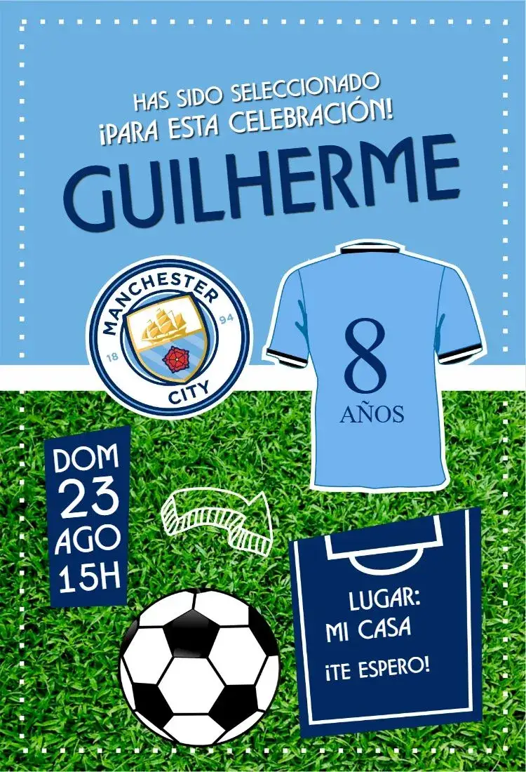 Invitación Camiseta Manchester City – tema Cumpleaños fútbol, moderno, vibrante, deportivo, temático