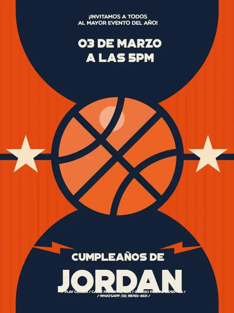 Invitación Baloncesto Azul Pelota – tema Cumpleaños Infantil moderno, deportivo, vibrante, divertido, colorido