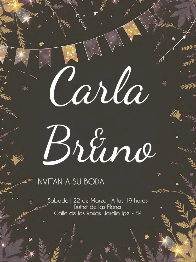 Invitación Boda Bandeirinhas Amarillo – tema Boda moderno, festivo, banderitas, negro y amarillo, alegre, colorido