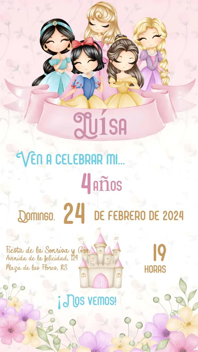 Invitación Princesas De Disney Acuarela – tema Más buscados acuarela, rosa suave, ilustraciones infantiles, mágico, delicado, colorido