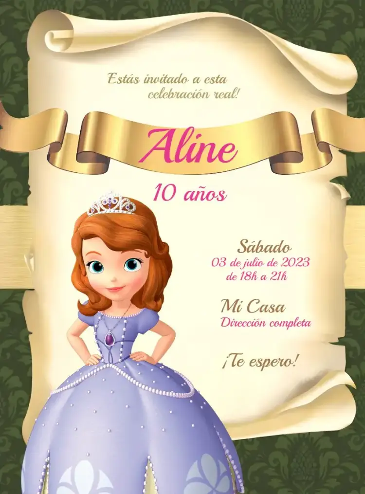 Invitación Princesa Sofía Dorado – tema Más buscados dorado, rosa, princesa, fantasía, infantil, brillante