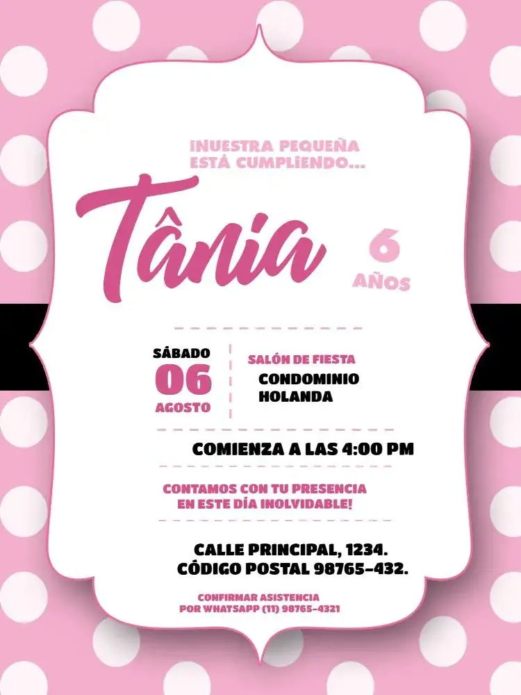 Invitación Rosa Con Lunares Claro – tema Cumpleaños Infantil delicado, divertido, moderno, colorido, festivo