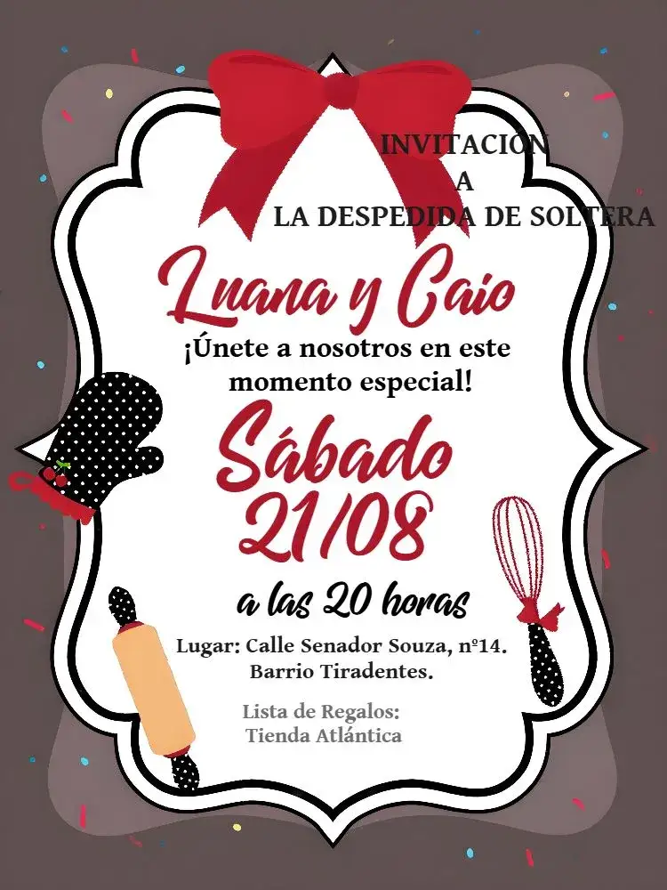 Invitación Artículos para Despedida de Cocina – tema Despedida de Soltera moderno, cocina, negro y rojo, minimalista, divertido, elegante