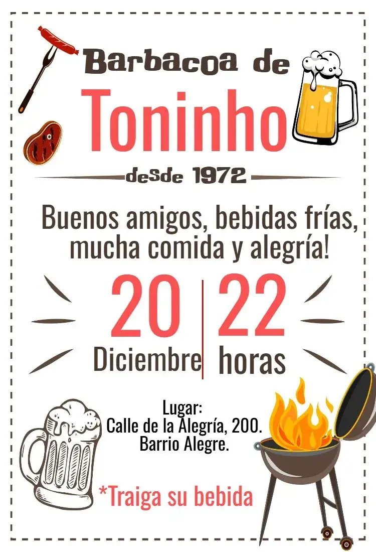 Invitación Aniversario Barbacoa Boteco – tema Cumpleaños vibrante, moderno, descontraído, colores cálidos, elementos gráficos de barbacoa