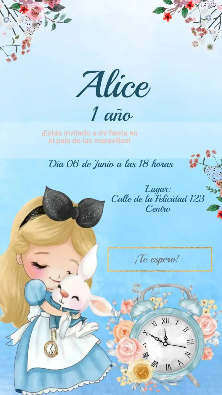 Invitación Invitación Alicia en el País de las Maravillas – tema Cumpleaños Infantil colorido, fantástico, lúdico, ilustraciones de cuento de hadas, vintage, divertido