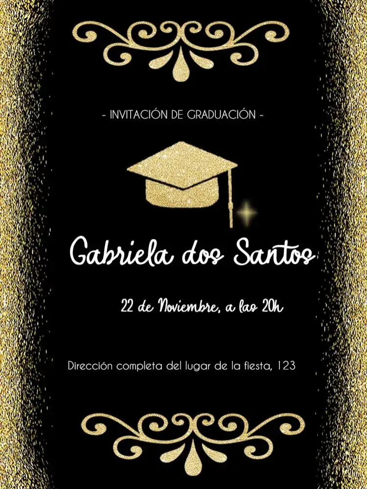 Invitación Graduación Quepe – tema Graduación negro y dorado, purpurina, filigranas, elegante, moderno